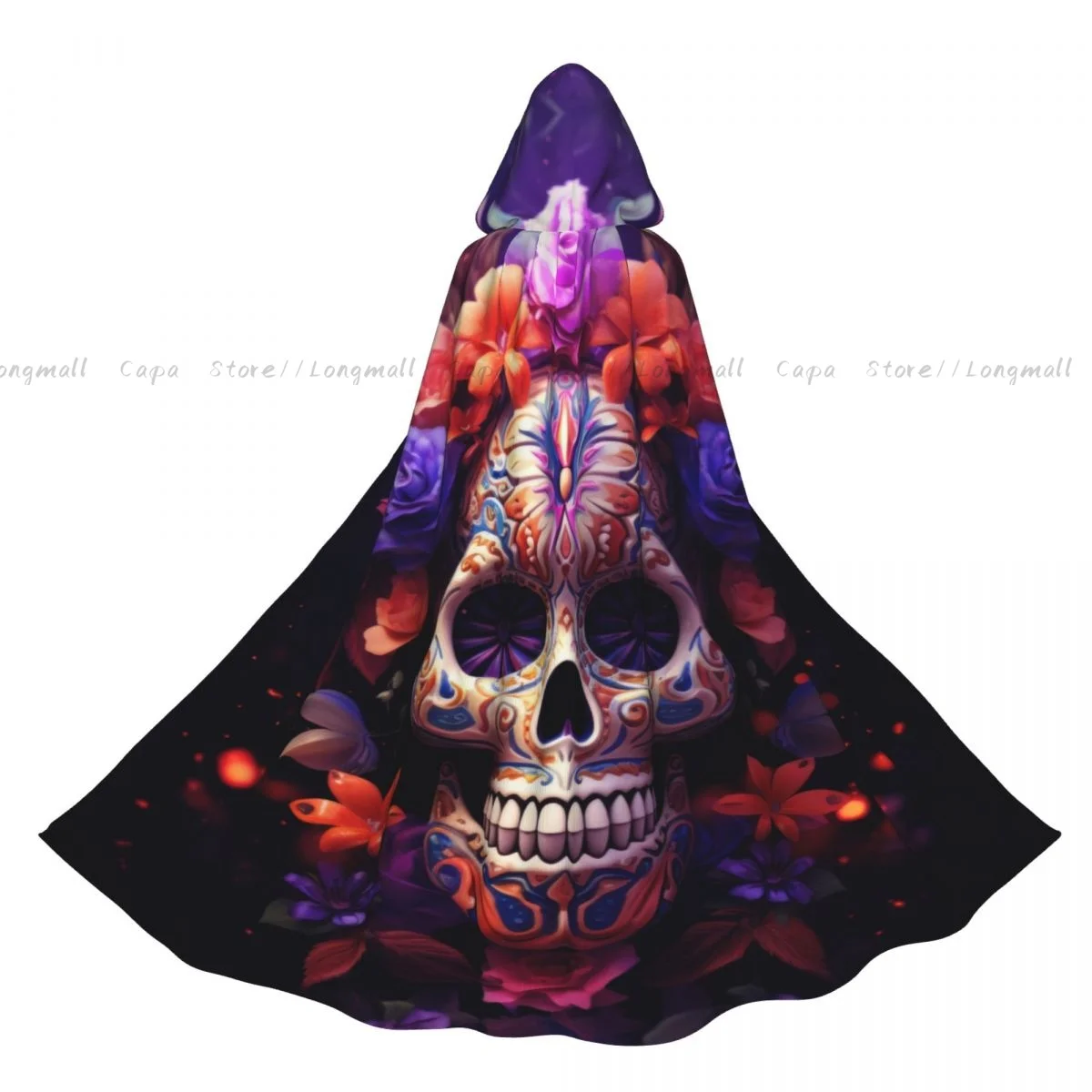 Череп с цветами и листьями плащ капюшоном пальто карнавальный костюм на Хэллоуин