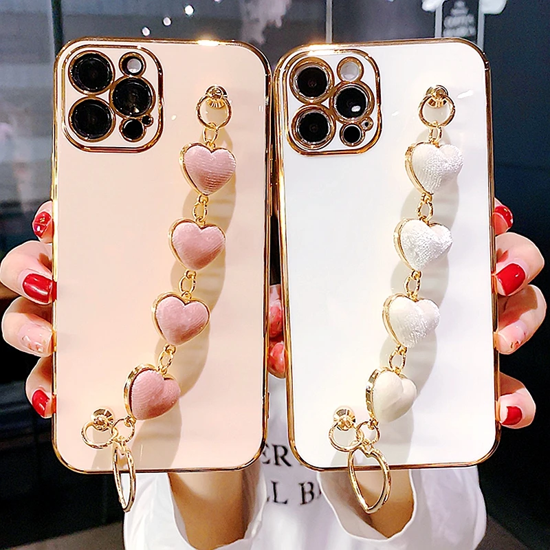 

Мягкий Гальванизированный чехол для телефона iPhone 11 12 13 Pro Max XS X XR 7 8 Plus mini SE 2020, бампер с браслетом в виде сердца, задняя крышка