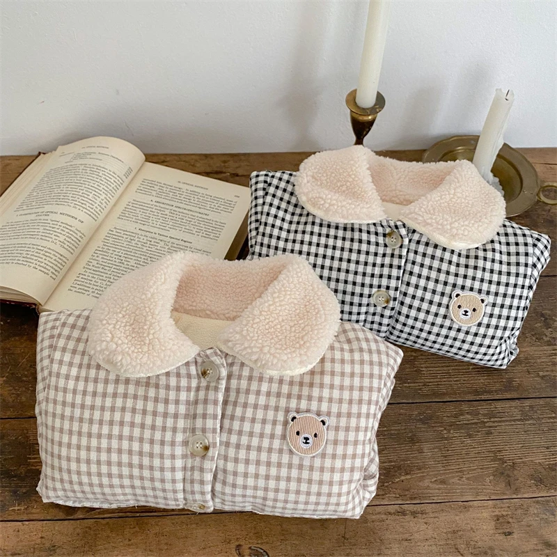 

Infant Baby Girl Boy Coat Winter Cute Bear Plaid Lapel Jacket for Newborn Cotton Thicken Warm Kids Clothes Girls Outerwears