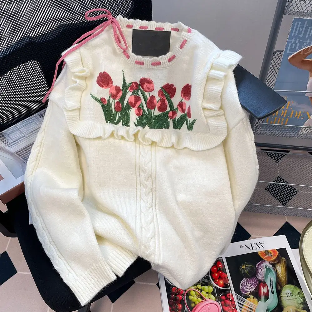 Женский кружевной свитер с длинным рукавом свободный ощущение деревянных ушей