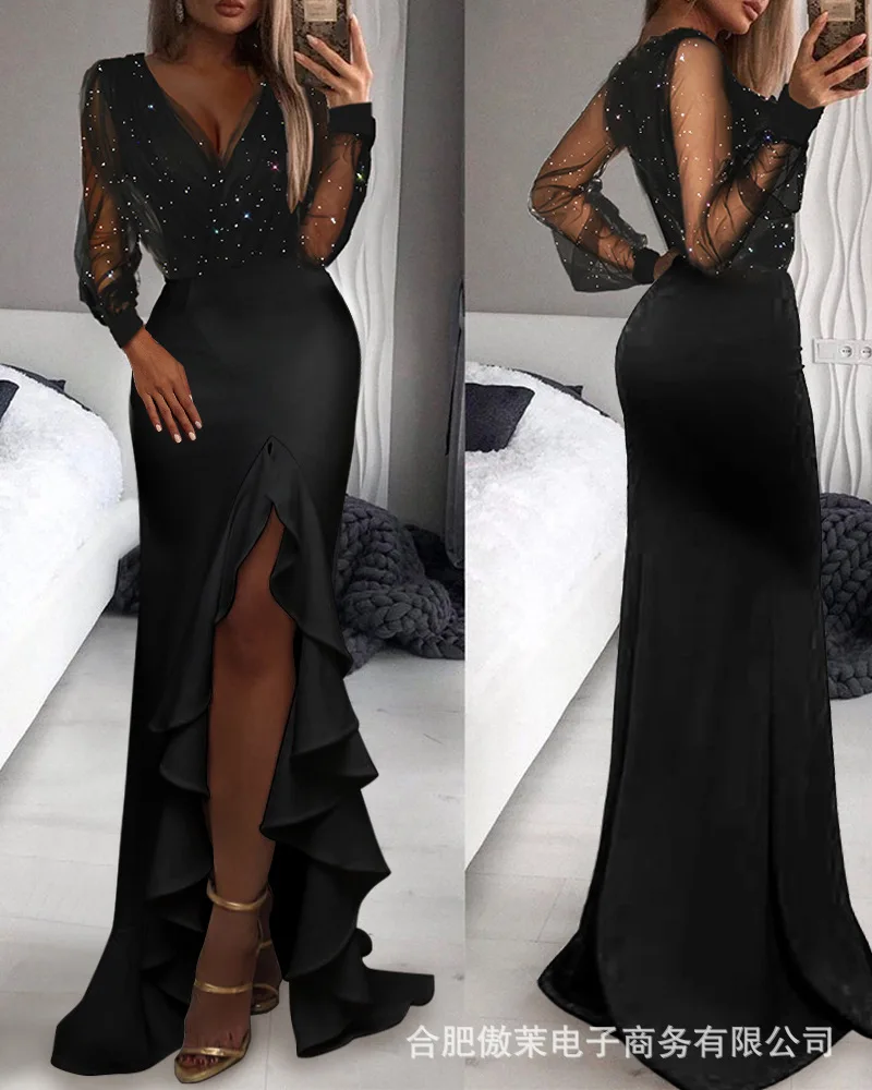 

Mesh Stitching Slit Long Dress 2022 Spring and Summer Fashion New Back Lotus Leaf Party Elegant Dresses Women's Clothing