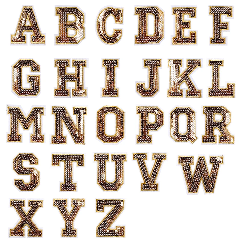 

Gold English Alphabet Letter A-Z Sequins Patch Applique Iron On Patches For Clothing Name Badge Sew For Clothes Bags Shoes Jeans
