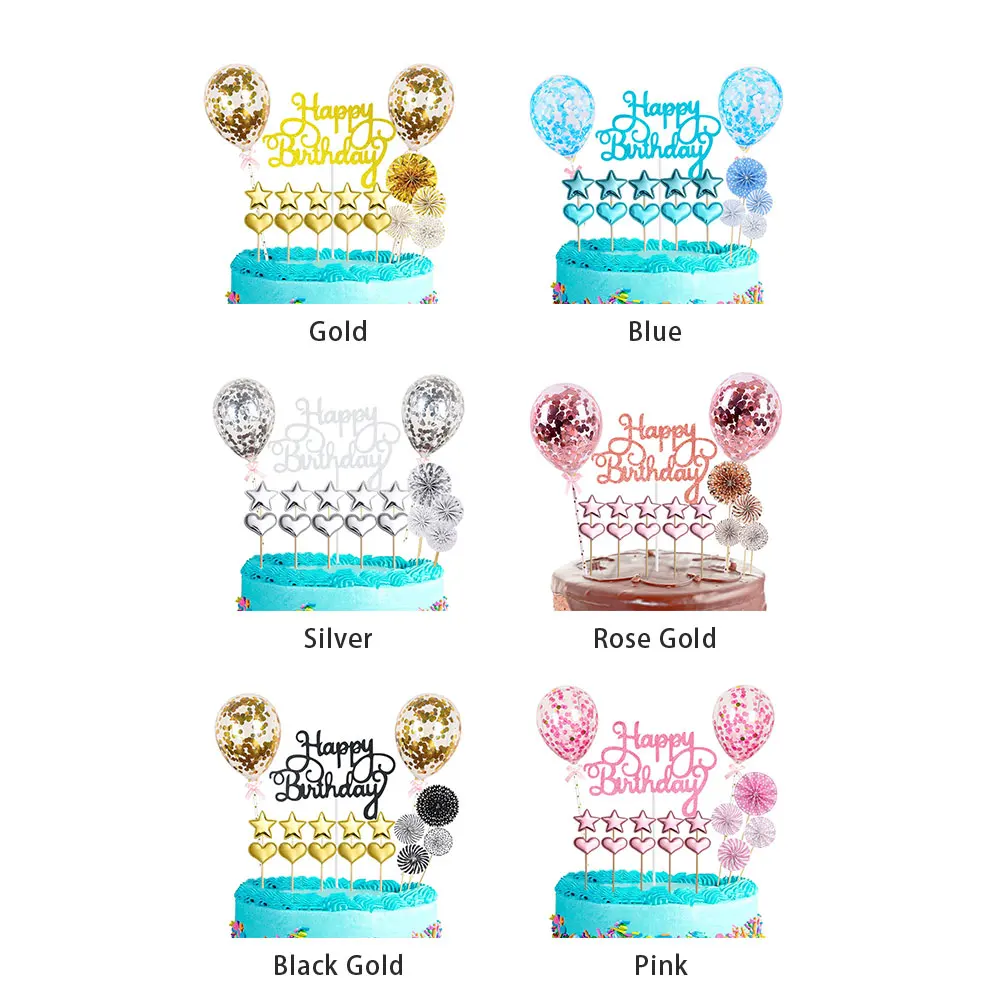 

17pcs Paper Fan Cake Topper Set Heart Kids Adults Glitter Star Happy Birthday