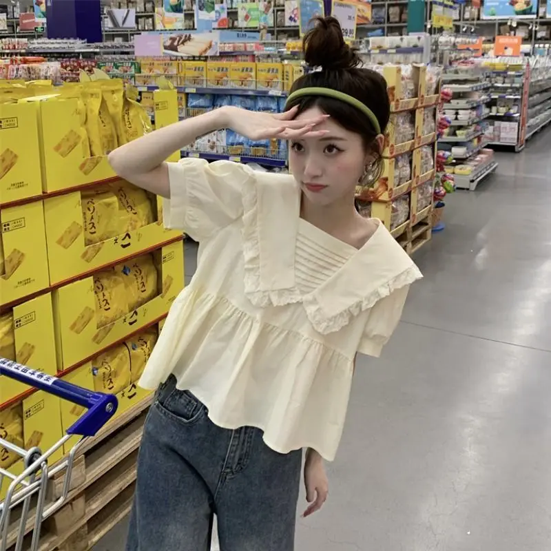 

Summer Peter Pan Collar Korean Sweet Short Sleeve Chemise Femme Women Solid Loose Shirts Preppy Style Fashion Harajuku Y2k