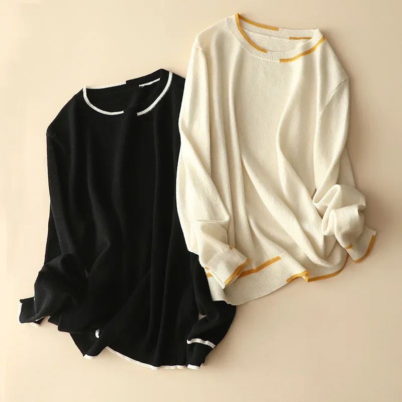 Aliaga осенний свитер цвета слоновой кости 100% кашемир контрастный с круглым вырезом