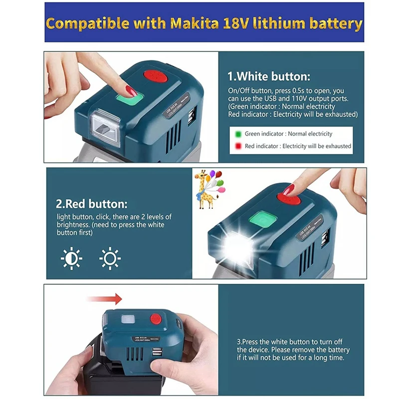 Портативный USB-адаптер питания со светодиодной подсветкой для Ma-Kita BL1830