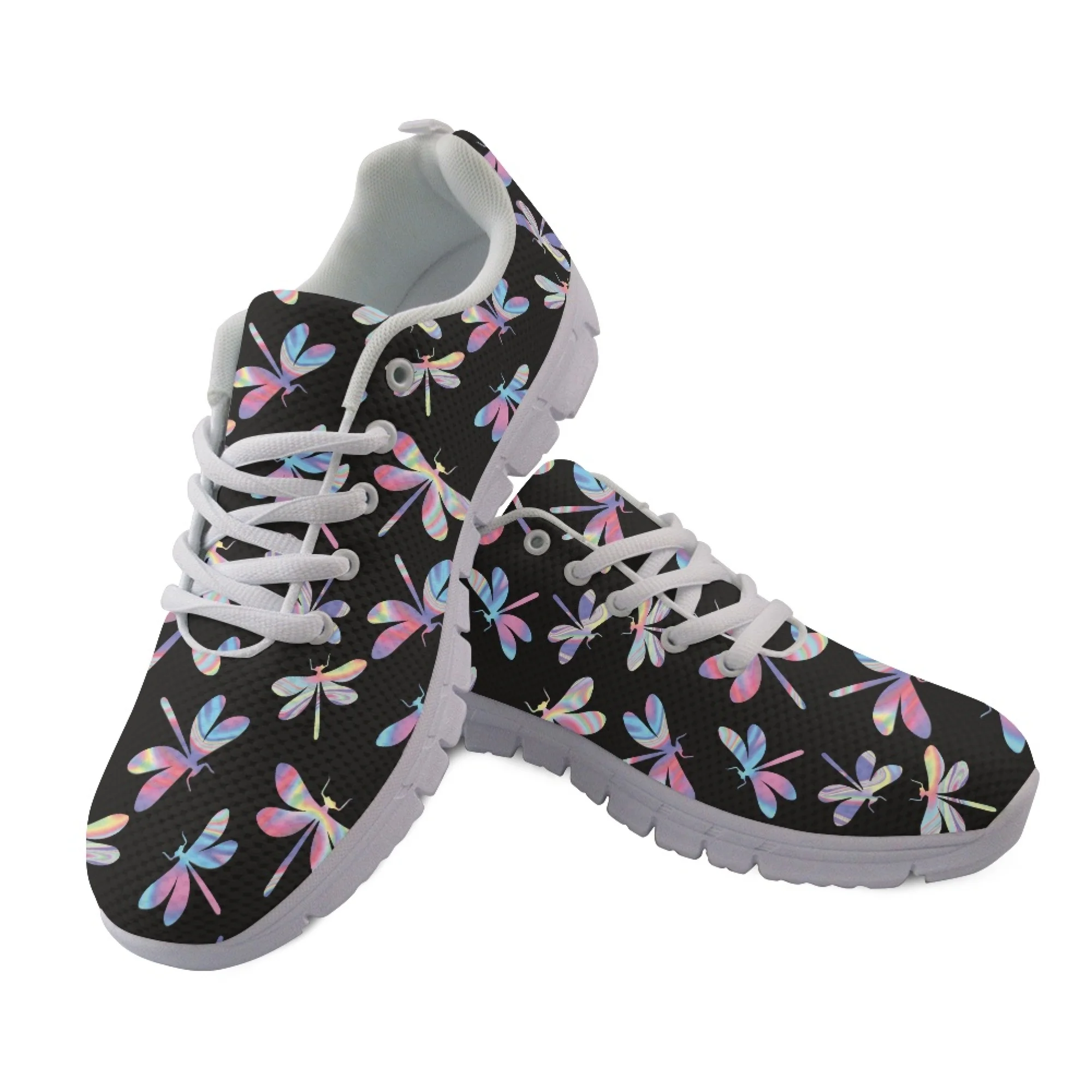 

Yikeluo Fashion Rainbow Dragonfly Pattern Casual Sneakers for Women Lace-Up Brand Design Light Walking Shoes for Couple Flats
