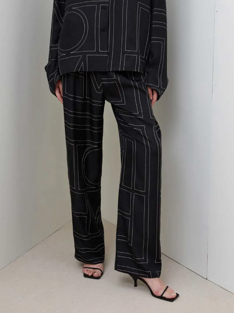 2022 Summer New Female Loose Elastic Waist Wide Leg Long Pants Women's Geometric Striped Print Casual Trousers with Drawstring