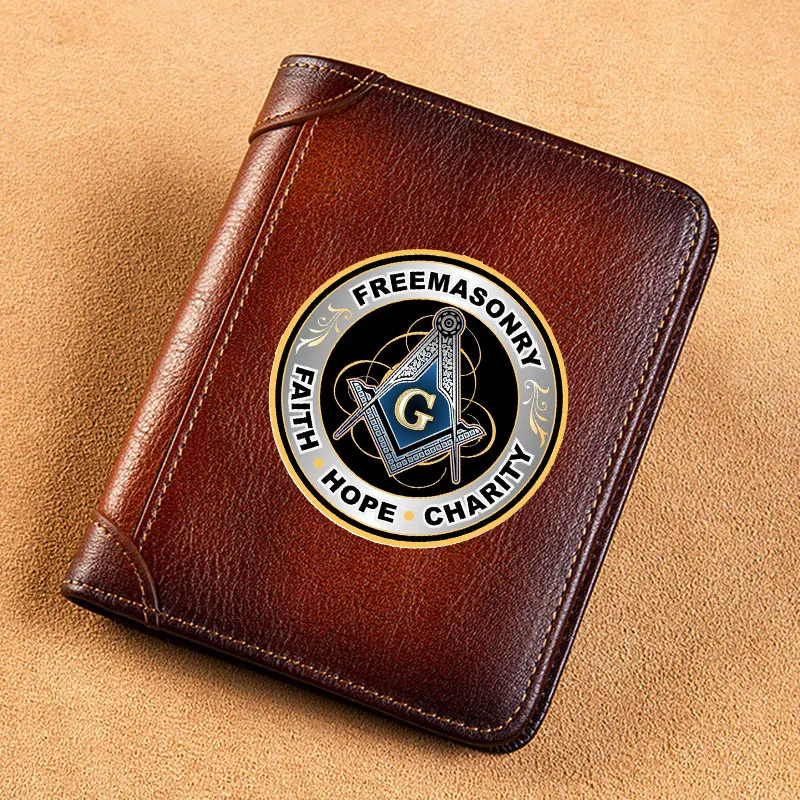 High Quality Genuine Leather Wallet Unique Freemasonry Faith Hope Charity Printing Standard Short Purse BK3632