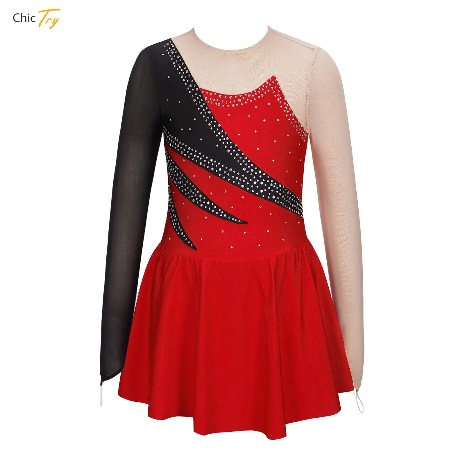 

Kids Girls Sparkly Rhinestone Dance Gymnastics Dress Leotard Long Sleeve Color Block Figure Ice Skating Competition Costume