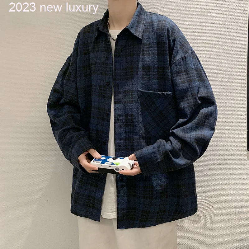 

Plaid 2022 Harajuku Shirt Men Hip Hop Checked Shirt High Quality Spring Autumn New Oversize Streetwear Retro Blouses Tops L03