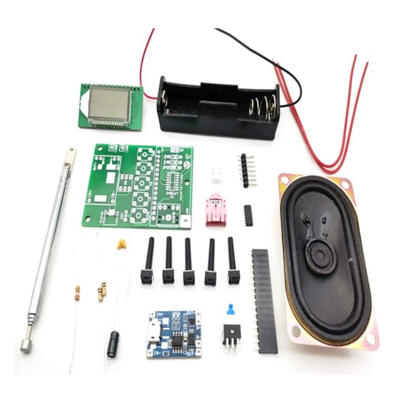 

DIY Kit FM Radio Module Adjustable 76-108Mhz Wireless Receiver LCD Display DC 3.7V 5W 8Ohm Speaker FM Digital Radio