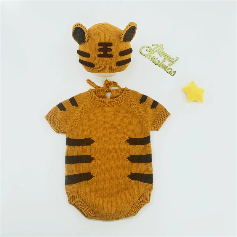 Dvotinst Newborn Photography Props Cute 2022 Tiger Knitted Outfits Ear Hat Fotografia Accessories Studio Shooting Photo Props