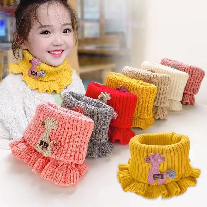 6 Colors Baby Knitted Scarf Cartoon Giraffe Ruffle Neck Warmer Girls Kids Accessories Collar Circle Outdoor Winter Warm Scarves