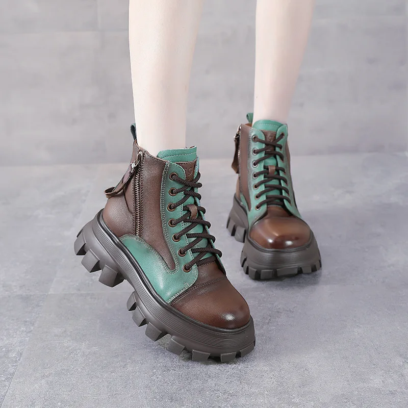 Autumn and Winter New Genuine Leather Brushed Casual Martin Women's Boots Colored Back Zipper Single Boot Thick Sole Boots