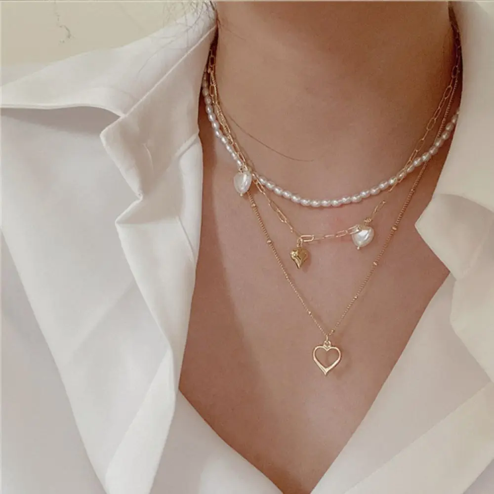 

Элегантное многослойное жемчужное ожерелье для женщин винтажное модное ожерелье с подвеской в форме сердца вечерние ринки свадьбы эффектн...