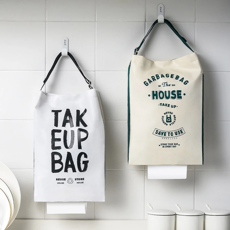 

Home Grocery Garbage Sorting Trash Bag with Free 2 Hooks Hanging Holder Pouch Wall Storage Oxford Cloth Fabric Bags Dispenser