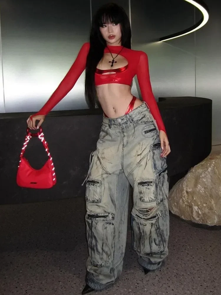 See Through Y2k Clothes Hollow Out Mesh Crop Top Skinny Camisole Mini Ropa De Mujer Rave Outfits Комплект из 2 предметов