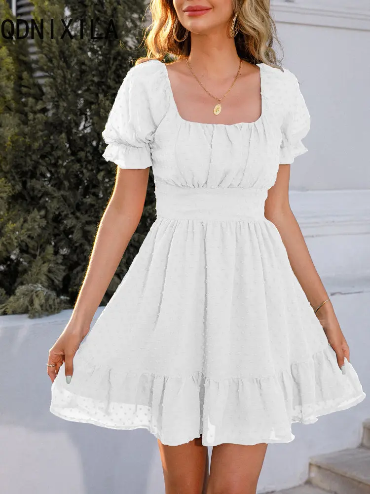 

Элегантные и красивые женские платья, новинка, кружевная юбка с высокой талией и квадратным вырезом, модное темпераментное летнее платье с коротким рукавом