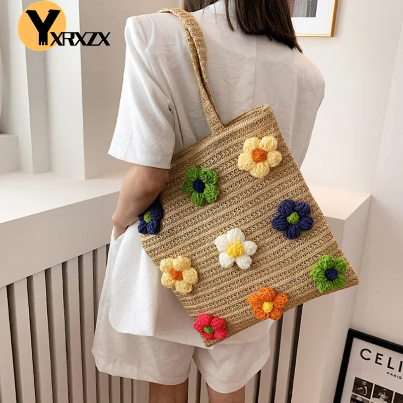 

Straw Shoulder Bag Floral Appliques Summer Large Capacity Tote For Women Vacation Travel Beach Bag Gilrs Fashion Handbags