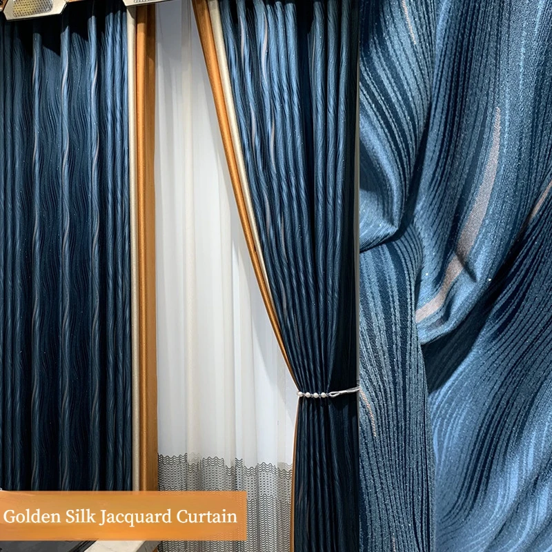 

Modern Light Luxury Curtains for Living Room Thickened Gold Jacquard Cortina Solid Color Shading Bedroom Balcony Curtain Custom