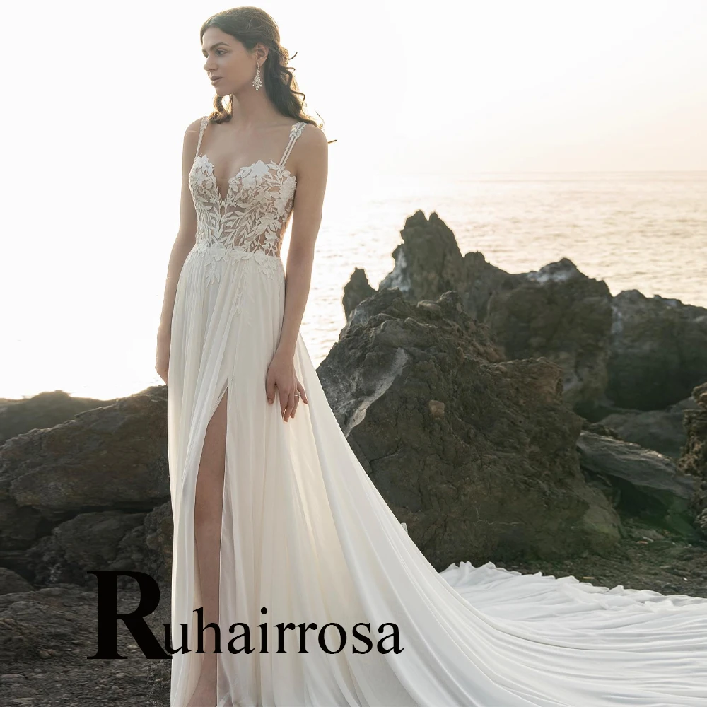 

Ruhair современное шифоновое иллюзионное свадебное платье для невесты кружевные аппликации на тонких бретельках Сделано на заказ ТРАПЕЦИЕВИДНОЕ ПЛАТЬЕ
