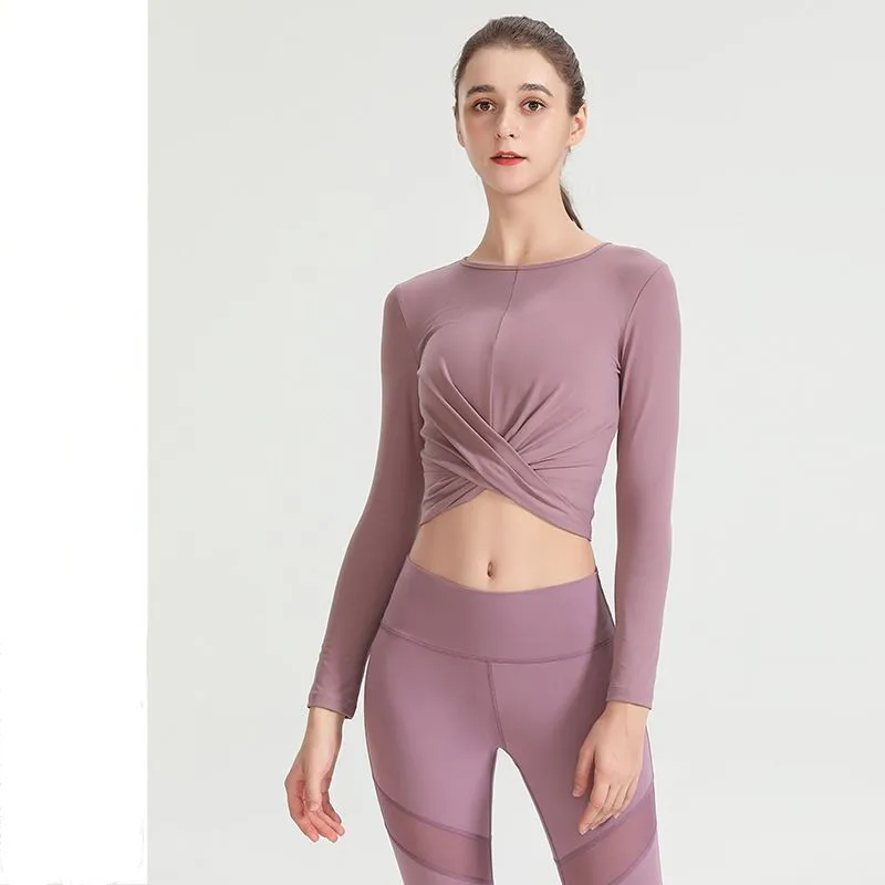 

Sports Yoga T-shirt Cropped Long-sleeved Solid Color Clothes Spring Autumn Quick-drying Fitness Folds O-neck Dance Short Top