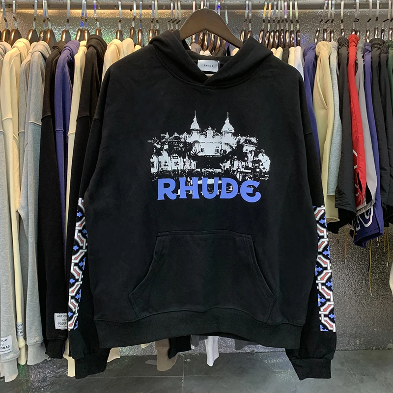 

Rhude Castle Print Hooded Hoodie Solid Terry Black Sweatshirts Men Women High Quality Streetwear Classic Casual Loose Pullover