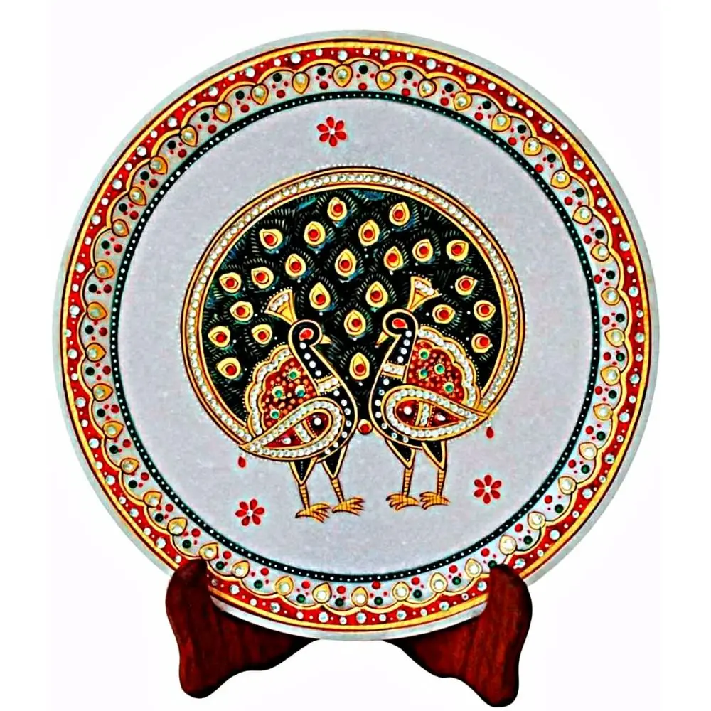 

Handicraft Indian Incredible Marble Peacock Painting Plate For Showpiece With Wooden Stand Table Decor Home Decor Pieces