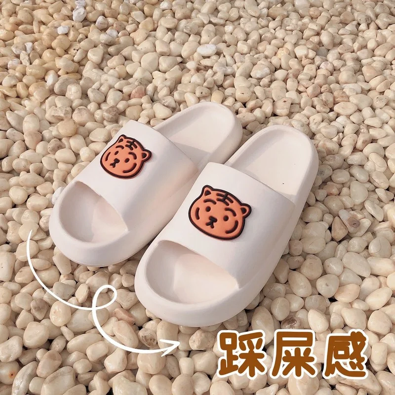 

QWEEK Korean Sandals 2022 Kawaii Tiger Slippers Women Summer Indoor Outdoor Slippers Non-slip Couple Platform Flat Flip Flops