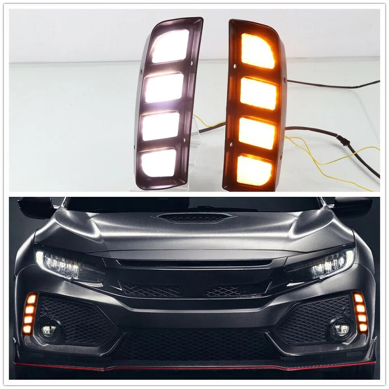 2pcs LED DRL Car Daytime Running Light for For Honda Civic Type R 2016-2020 Yellow White Turn Signal Light