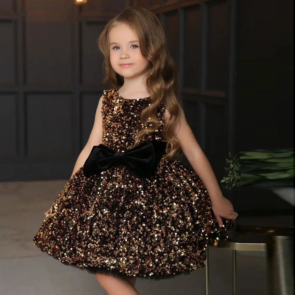 

Glitter Sequin Glod Flower Girl Dress Puffy Princess Dress Girl Sleeve Girl Wedding Party Dress Communion Gown Christmas