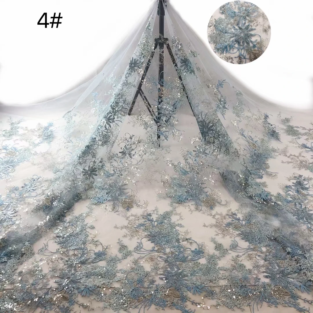 

New Arrival Africa Embroidered Tulle Net Fabric HX High Quality Luxury Beaded Net Lace With Sequins For Bridal Party Dress