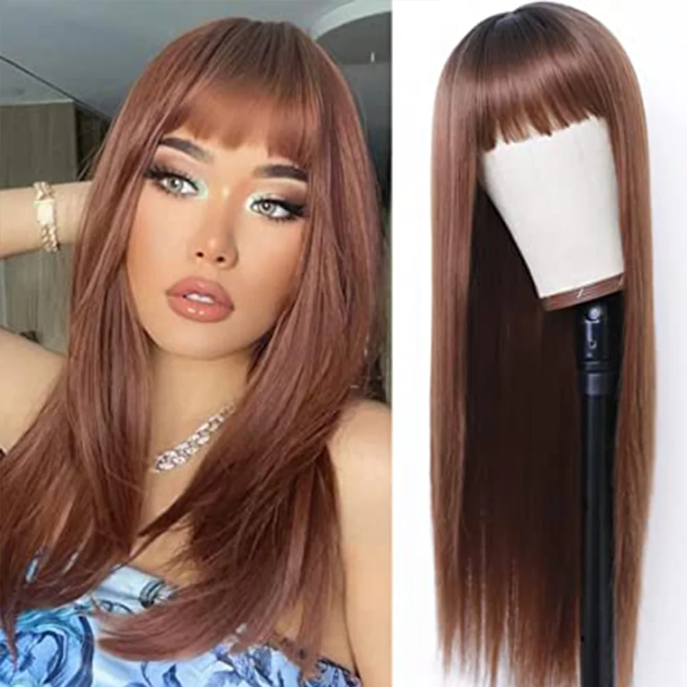 

Long Straight Brown Wigs With Bangs Synthetic Wig Black Roots Heat Resistant Fiber Full Machine Made Party Daily Glueless
