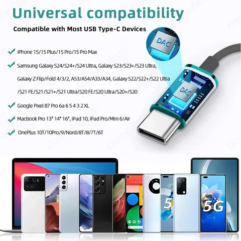 USB Type C Наушники HiFi Бас Стерео Регулировка громкости Микрофон 3,5 мм Проводные наушники для Galaxy S24 S23 S22 S21 Ultra iPhone 15 Pro Max