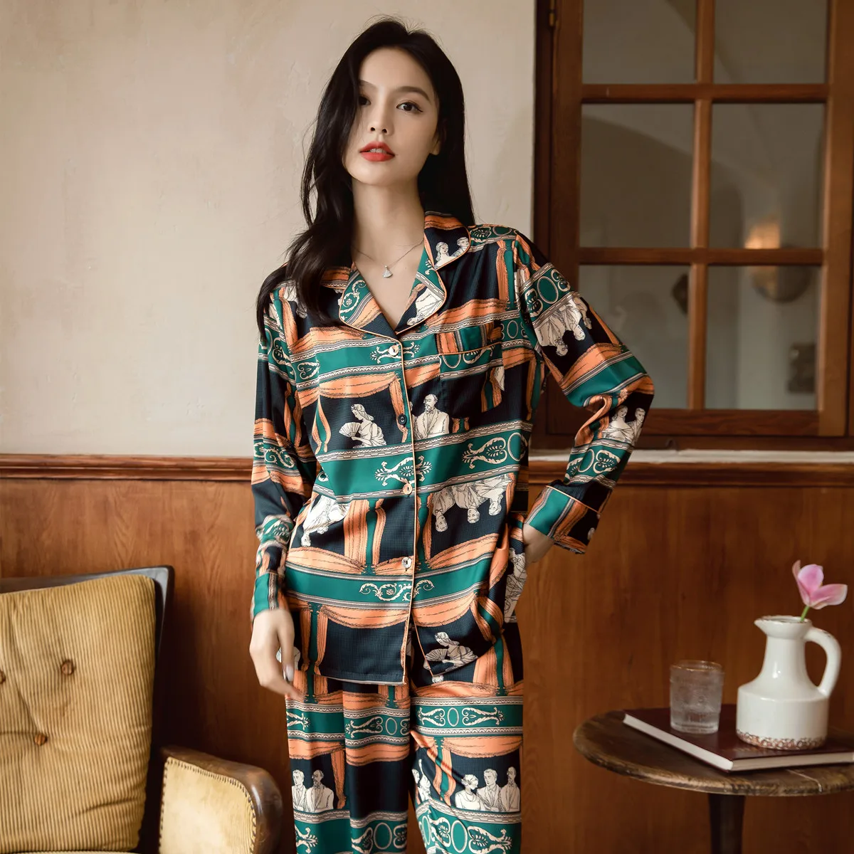 

Women's Pajamas Set Medieval Print Silk Like Nightwear Sleepwear Leisure Classic Home Clothes Homewear Long-sleeve Trousers Suit