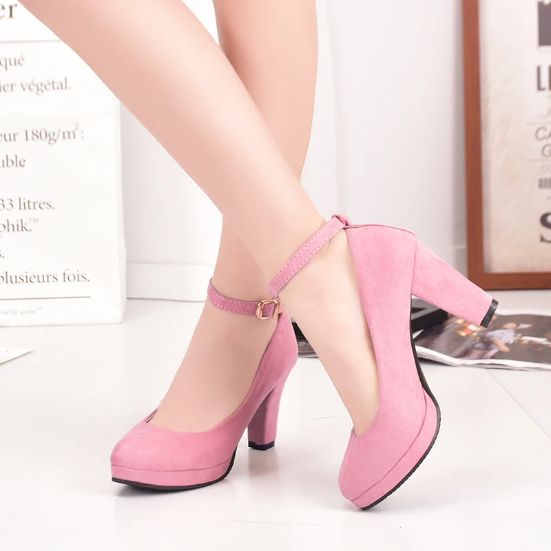 Ankle Strap High Heels Sweet Women's Pumps Flock Woman Thick Flock Platform Mary Jane Women Party Shoes Buckle Ladies Footwear images - 6