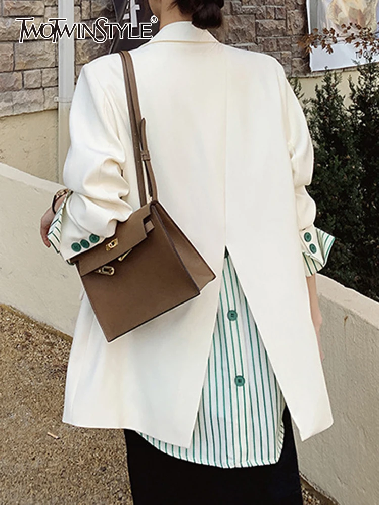 

Женский однотонный Блейзер TWOTWINSTYLE, черный однобортный Блейзер составного кроя с английским воротником и длинными рукавами,