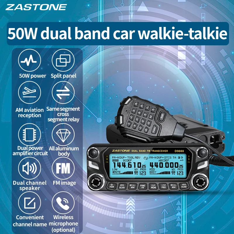 Фото Автомобильная рация ZASTONE D9000, двухдиапазонная, 50 Вт, мобильная радиостанция с отсоединяемой панелью, приёмник AM-частот для авиационного диапазона №2