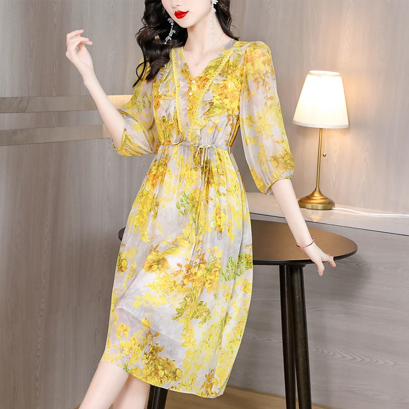 

Vintage Yellow Floral Dress Elegant Women Lantern Sleeve High Waist A-line Silk Midi Dress Summer Dresses for Women 2023 Casual