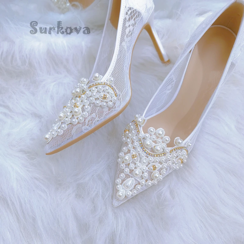 Women's Wedding Shoes Pearl Mesh Embroidery Rhinestone Bridal Pumps 2023 Summer Pointed Toe Dress Thin High Heels Banquet Shoes