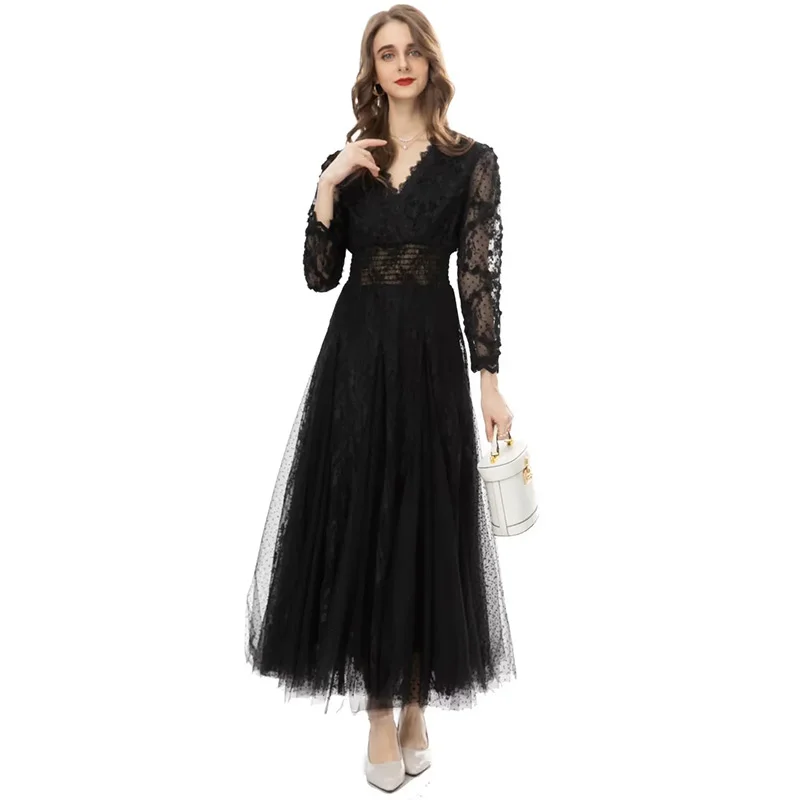 Janeyiren Fashion catwalk Dress Spring Women Dress V-neck High Waist Long Sleeve Black polka-dot mesh retro party dress