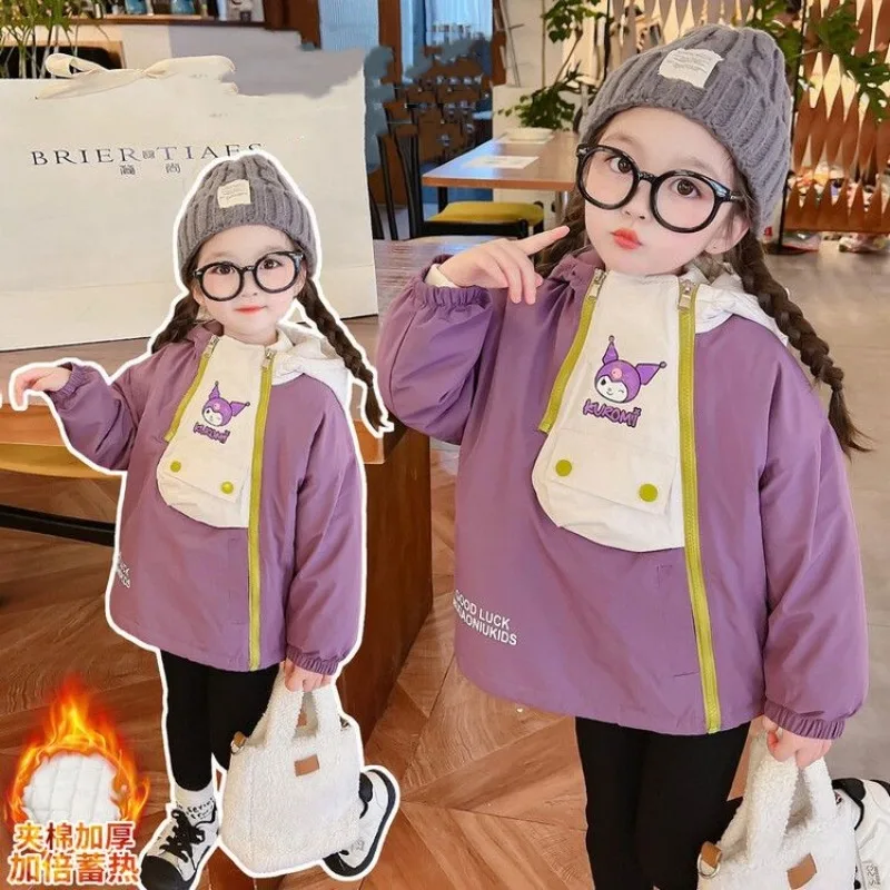 

Sanrios аниме кавайная куртка Kuromi для девочек зимнее пальто новое добавление хлопка утепленные ветрозащитные Топы с капюшоном детские подарки