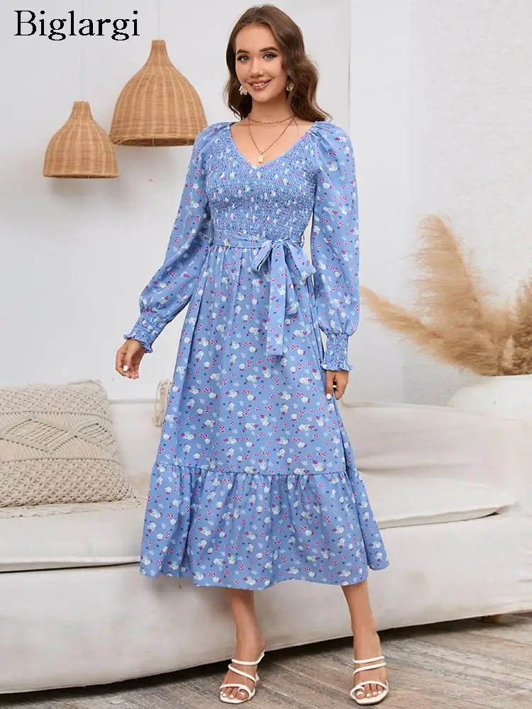 

Осеннее платье с пышными длинными рукавами, женские платья с V-образным вырезом и цветочным принтом, модные плиссированные женские платья с оборками, повседневное женское длинное платье 2023