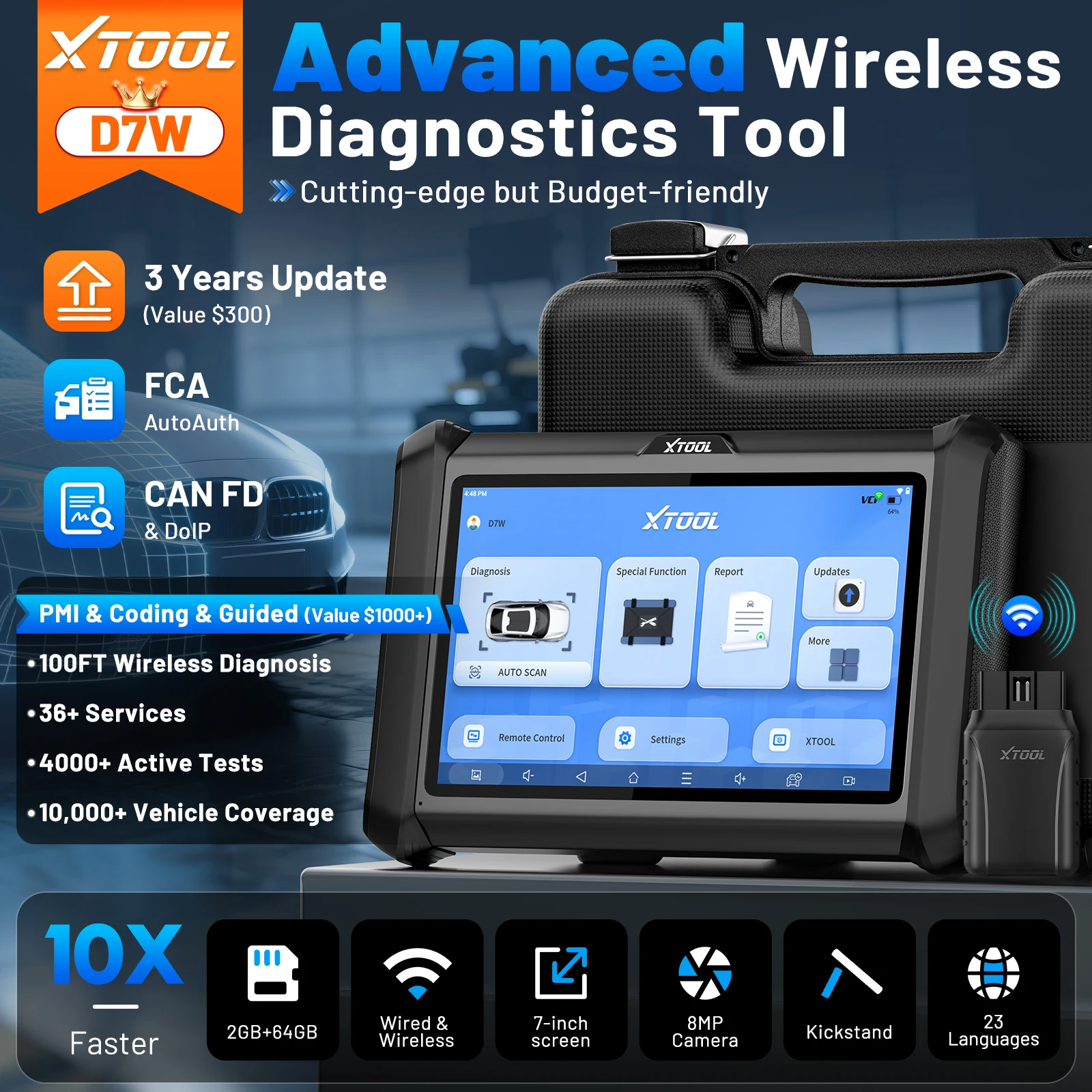 Фото Автосканер XTOOL D7W с Bluetooth, диагностика всех систем автомобиля, двунаправленный сканер, кодирование PMI ECU, 36 функций сброса, CANFD, DoIP, FCA №3