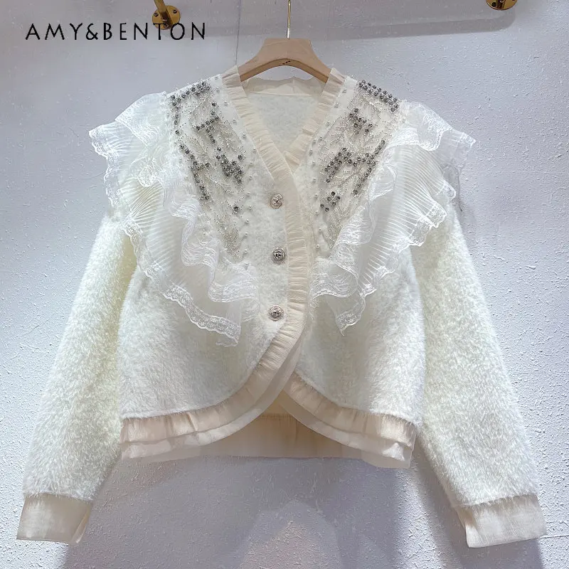 

Autumn and Winter New Exquisite Rhinestone Lace Ruffled Loose V-neck Cardigan Artificial Mink Fur Long Sleeve Sweater Coat