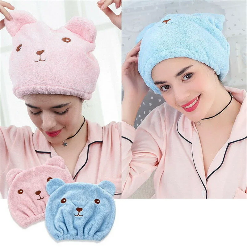 

Hot Selling Microfiber Quickly Dry Hair Hat Hair Turban Women Girl Solid Cap Bathing Drying Towel Head Wrap Hat Cat Ears Pattern