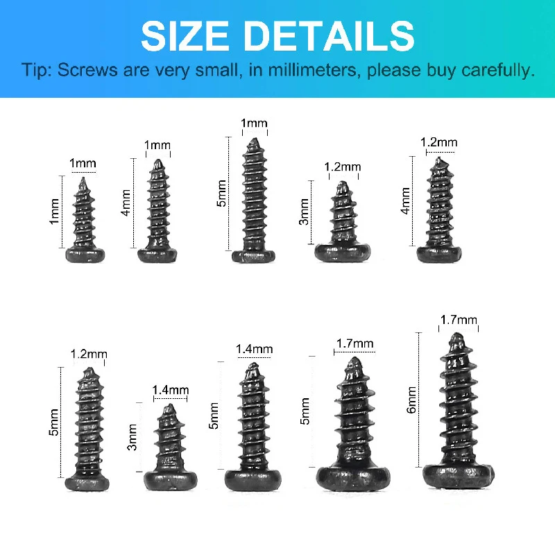 1000PCS M1 M1.2 M1.4 M1.7 Phillips Round Head Self Tapping Small Screw Micro Screws Electronic Black Bolts Wood Kit - купить по