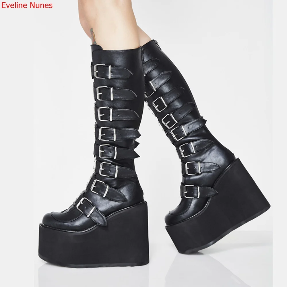 

Punk Metal Buckle Boots Winter New Arrival Round Toe Women's Sole Mid Calf Zipper Fashionable High-quality Platform Shoes
