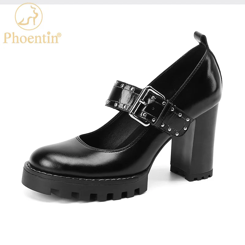 Phoentin Elegant lady Party shoes Genuine Leather Mary Janes 2022 new Women's high Heels Round toe Pumps black plus size FT1848